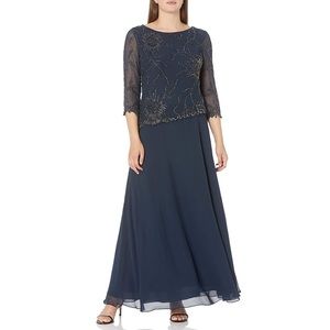 NWT J Kara Women's 3/4 Sleeve Beaded Dress Long Dress, Navy Blue, 14